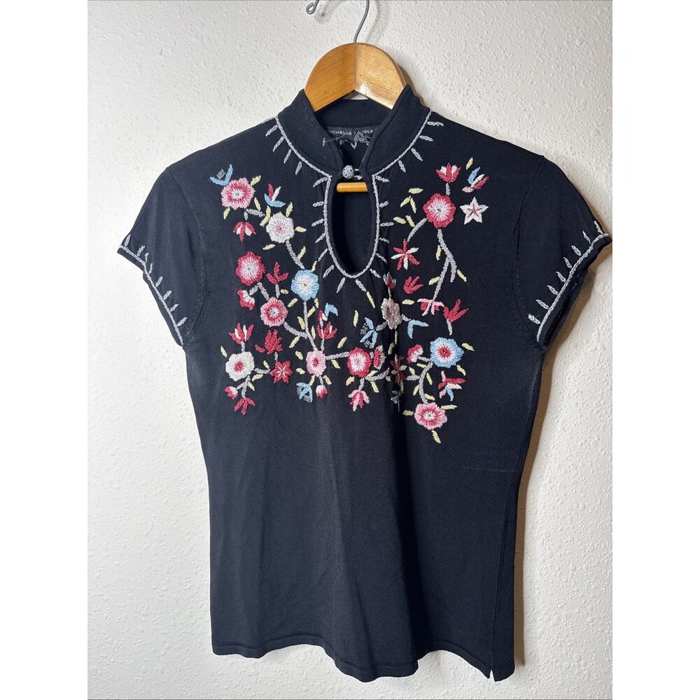 Michelle Nicole Black Knit Embroidered Multicolor Flowers Sweater, Small